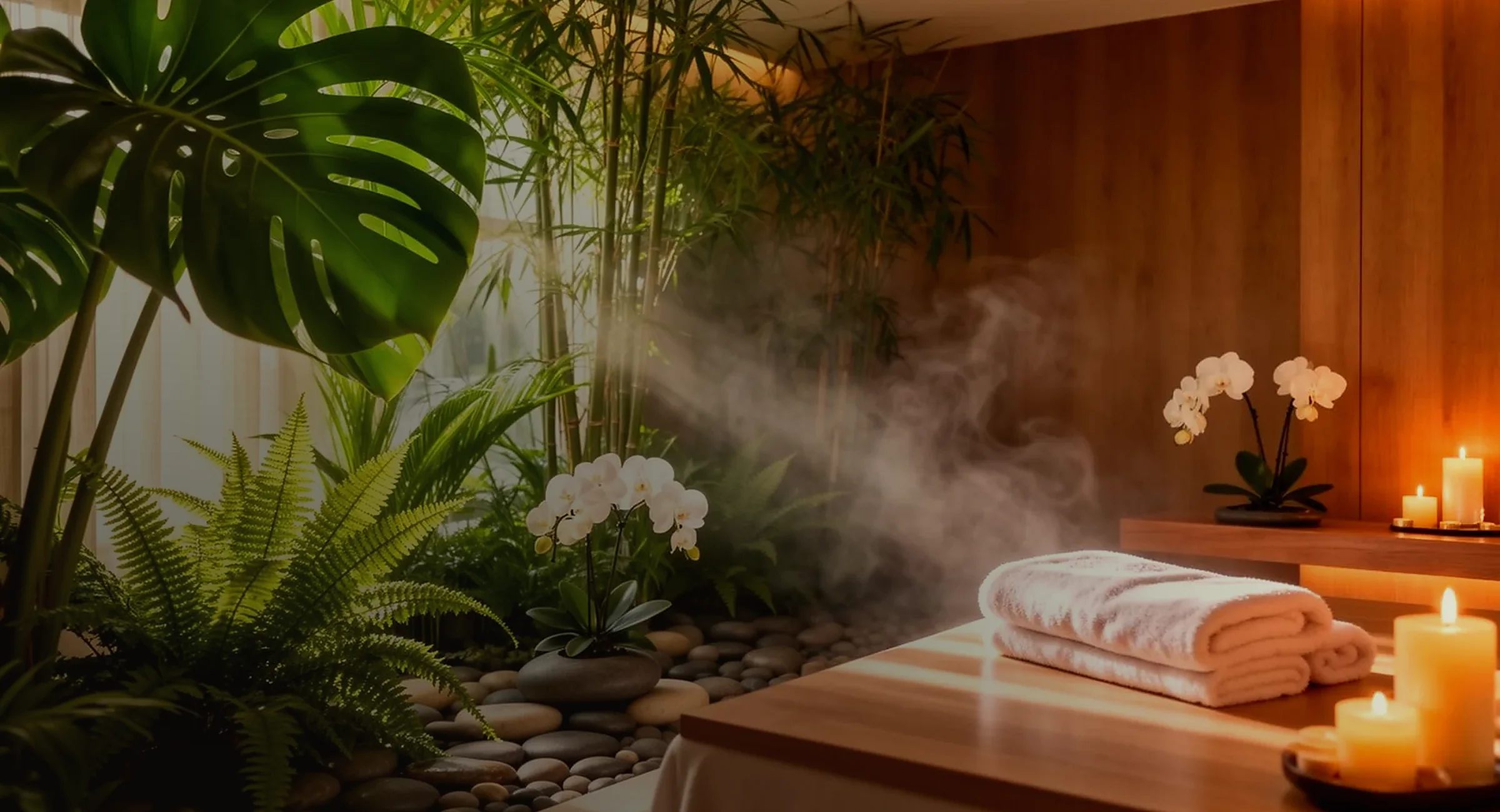 Candlelit luxury spa treatment room with champagne gold light