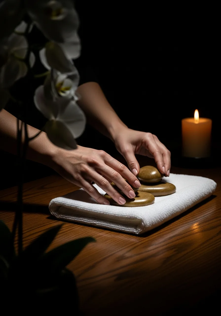 Yang's Spa ritual moment with warm stones and orchid